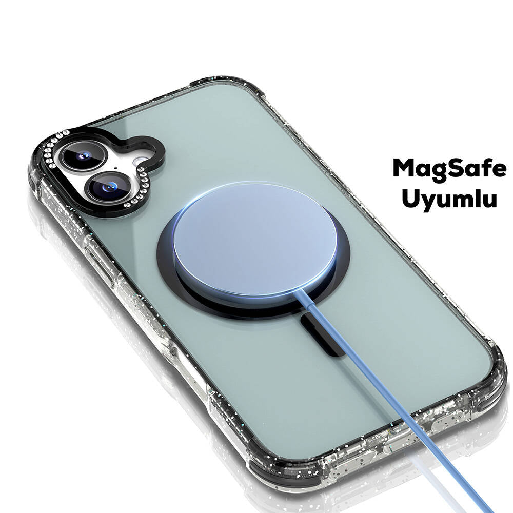 iPhone 16 Kılıf M-safe Şarj Özellikli Taşlı ve Simli Tasarım Mutural Blink Kapak
