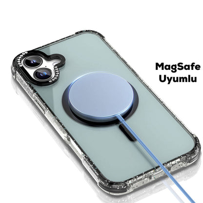 iPhone 16 Kılıf M-safe Şarj Özellikli Taşlı ve Simli Tasarım Mutural Blink Kapak