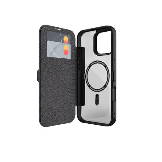 iPhone 16 Kılıf M-safe Şarj Özellikli Vegan Deri Tasarımlı Şeffaf Arka Yüzey Kartlıklı Raptic Urban Folio Serisi Kapak