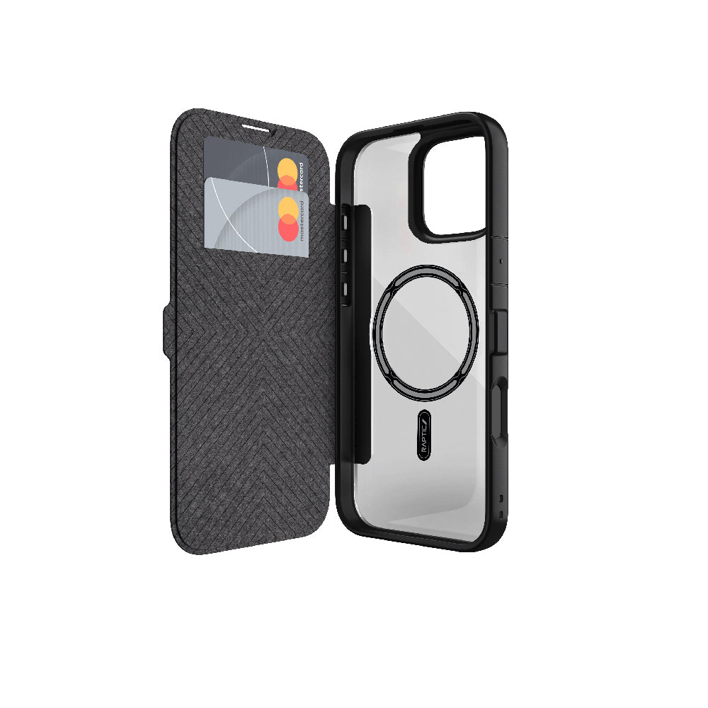 iPhone 16 Kılıf M-safe Şarj Özellikli Vegan Deri Tasarımlı Şeffaf Arka Yüzey Kartlıklı Raptic Urban Folio Serisi Kapak