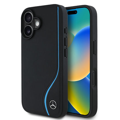 iPhone 16 Kılıf Mercedes Benz Orjinal Lisanslı M-safe Şarj Özellikli 3D Metal Logolu Mavi Dikey Eğri Çizgili Deri Kapak