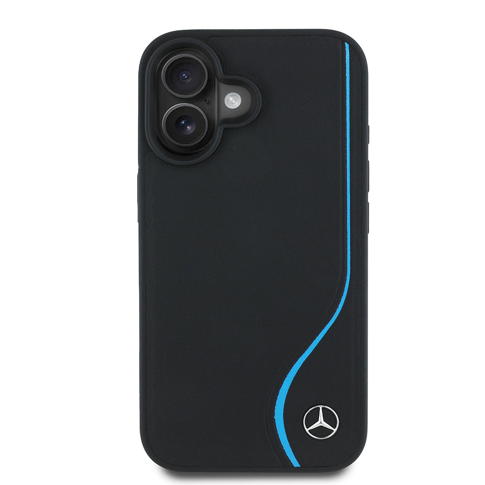 iPhone 16 Kılıf Mercedes Benz Orjinal Lisanslı M-safe Şarj Özellikli 3D Metal Logolu Mavi Dikey Eğri Çizgili Deri Kapak