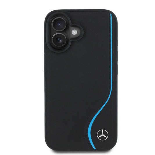 iPhone 16 Kılıf Mercedes Benz Orjinal Lisanslı M-safe Şarj Özellikli 3D Metal Logolu Mavi Dikey Eğri Çizgili Deri Kapak