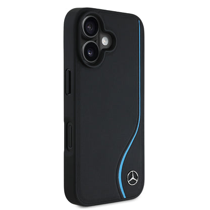 iPhone 16 Kılıf Mercedes Benz Orjinal Lisanslı M-safe Şarj Özellikli 3D Metal Logolu Mavi Dikey Eğri Çizgili Deri Kapak