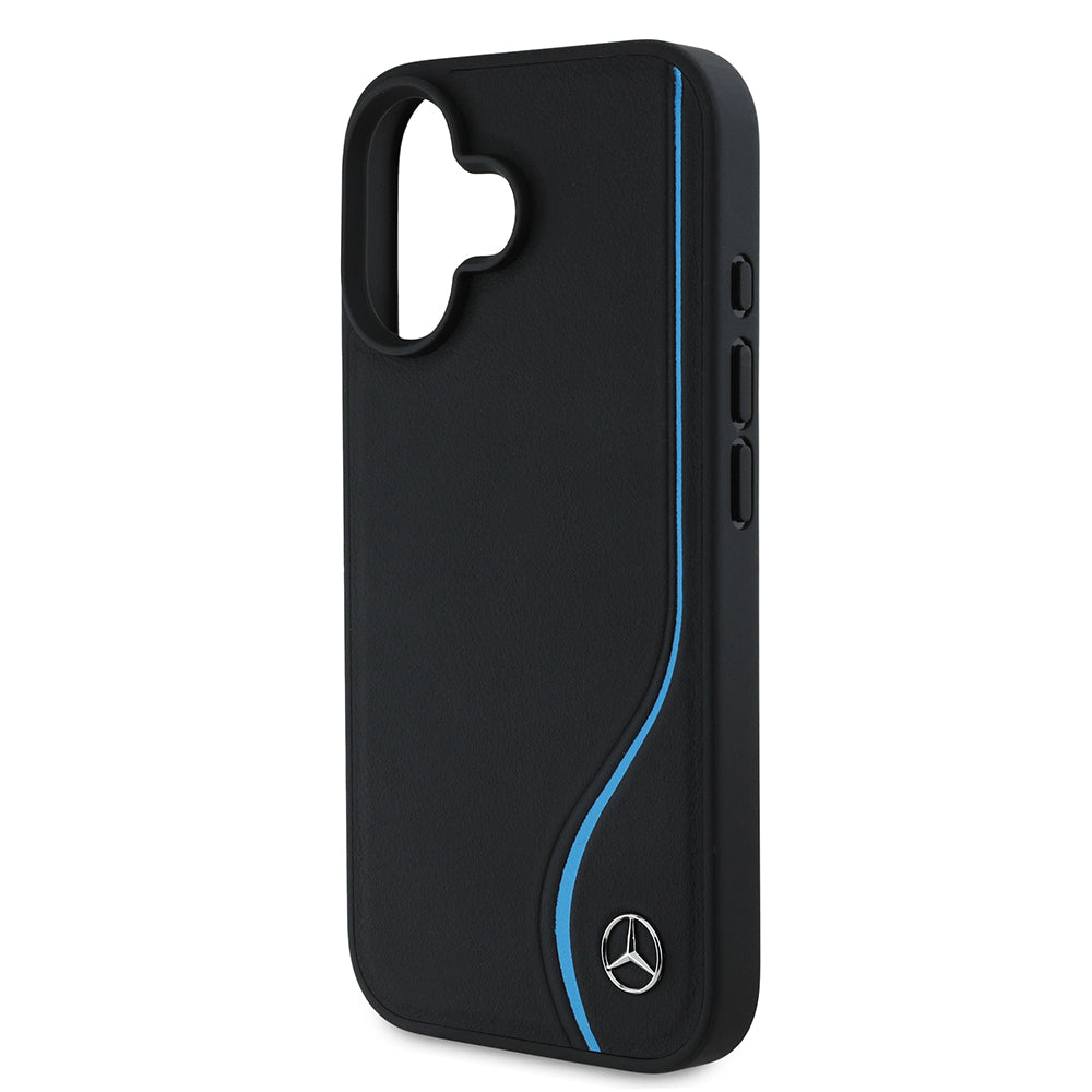 iPhone 16 Kılıf Mercedes Benz Orjinal Lisanslı M-safe Şarj Özellikli 3D Metal Logolu Mavi Dikey Eğri Çizgili Deri Kapak