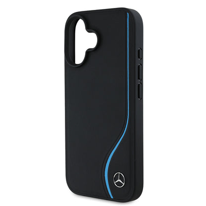 iPhone 16 Kılıf Mercedes Benz Orjinal Lisanslı M-safe Şarj Özellikli 3D Metal Logolu Mavi Dikey Eğri Çizgili Deri Kapak