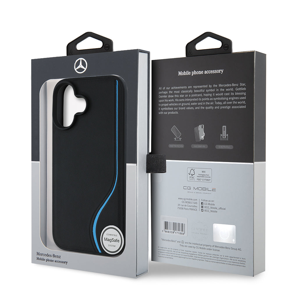 iPhone 16 Kılıf Mercedes Benz Orjinal Lisanslı M-safe Şarj Özellikli 3D Metal Logolu Mavi Dikey Eğri Çizgili Deri Kapak