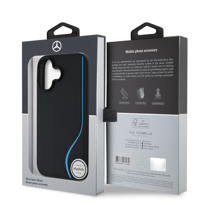 iPhone 16 Kılıf Mercedes Benz Orjinal Lisanslı M-safe Şarj Özellikli 3D Metal Logolu Mavi Dikey Eğri Çizgili Deri Kapak