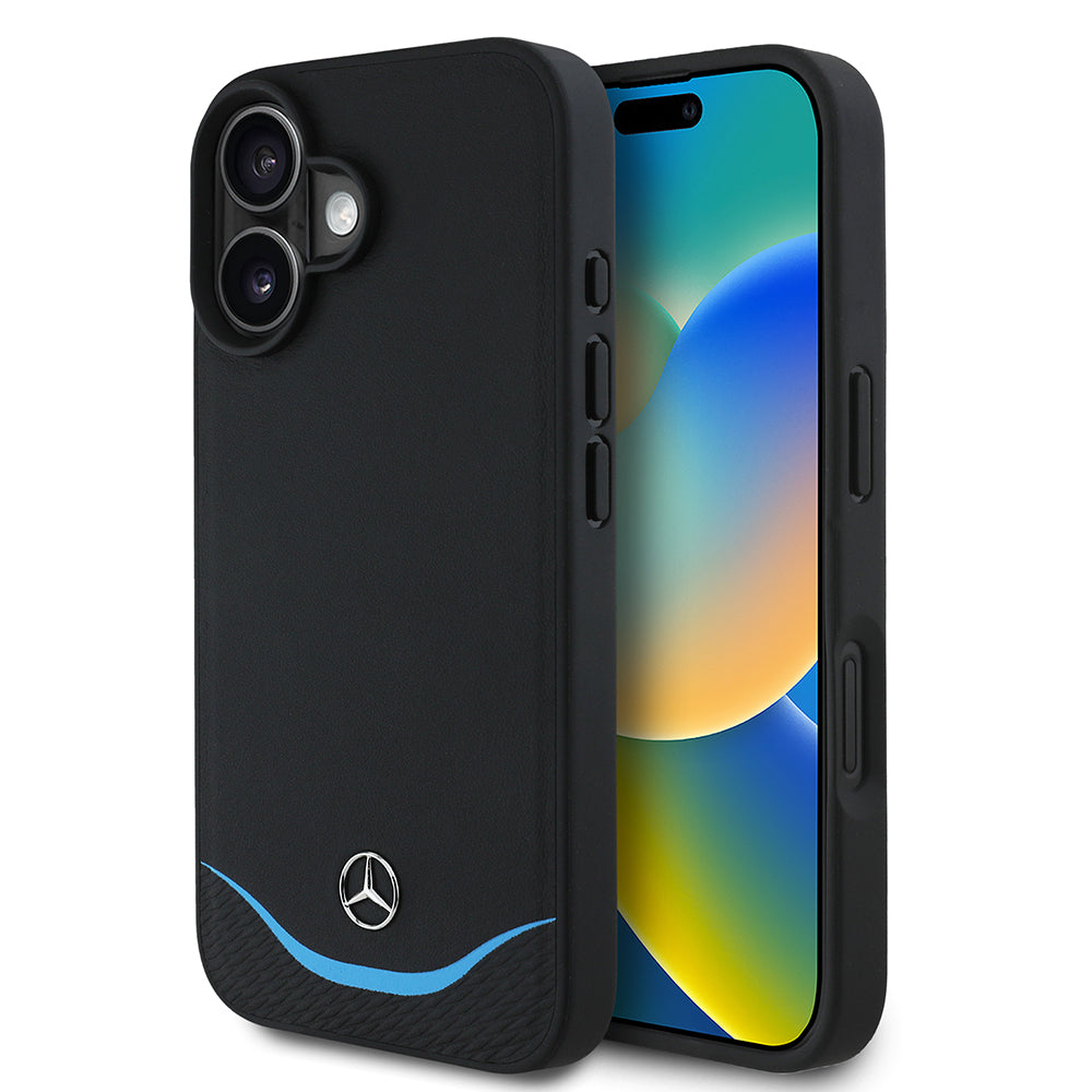 iPhone 16 Kılıf Mercedes Benz Orjinal Lisanslı M-safe Şarj Özellikli 3D Metal Logolu Mavi Yatay Eğri Çizgili Deri Kapak