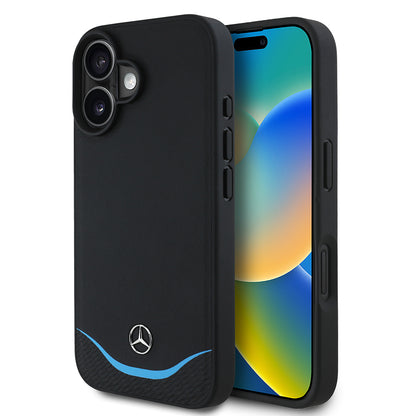 iPhone 16 Kılıf Mercedes Benz Orjinal Lisanslı M-safe Şarj Özellikli 3D Metal Logolu Mavi Yatay Eğri Çizgili Deri Kapak