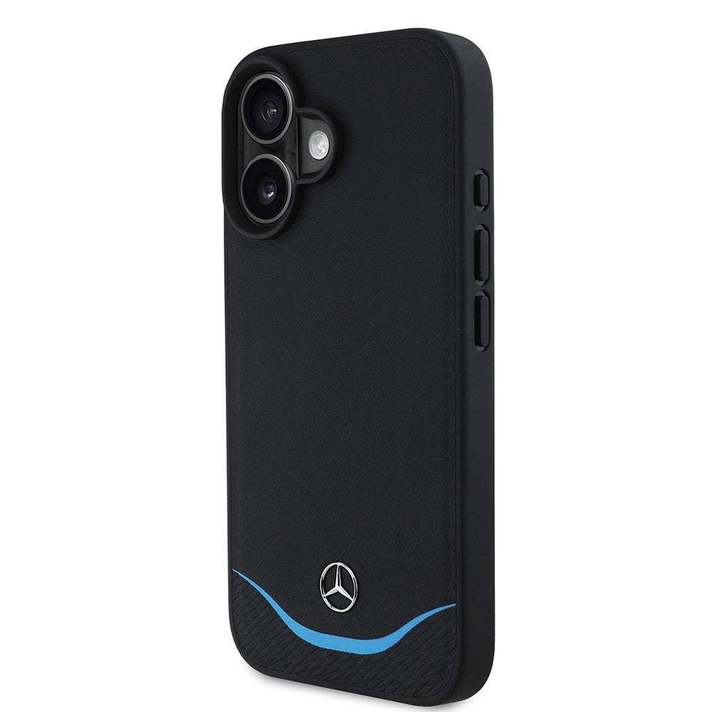 iPhone 16 Kılıf Mercedes Benz Orjinal Lisanslı M-safe Şarj Özellikli 3D Metal Logolu Mavi Yatay Eğri Çizgili Deri Kapak