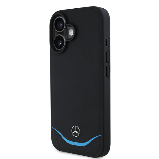 iPhone 16 Kılıf Mercedes Benz Orjinal Lisanslı M-safe Şarj Özellikli 3D Metal Logolu Mavi Yatay Eğri Çizgili Deri Kapak