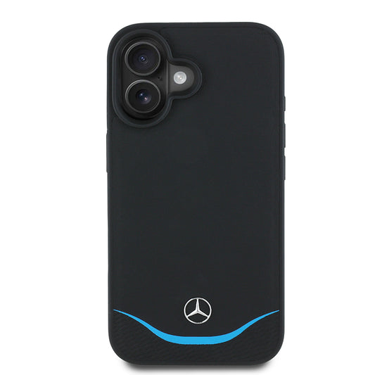 iPhone 16 Kılıf Mercedes Benz Orjinal Lisanslı M-safe Şarj Özellikli 3D Metal Logolu Mavi Yatay Eğri Çizgili Deri Kapak