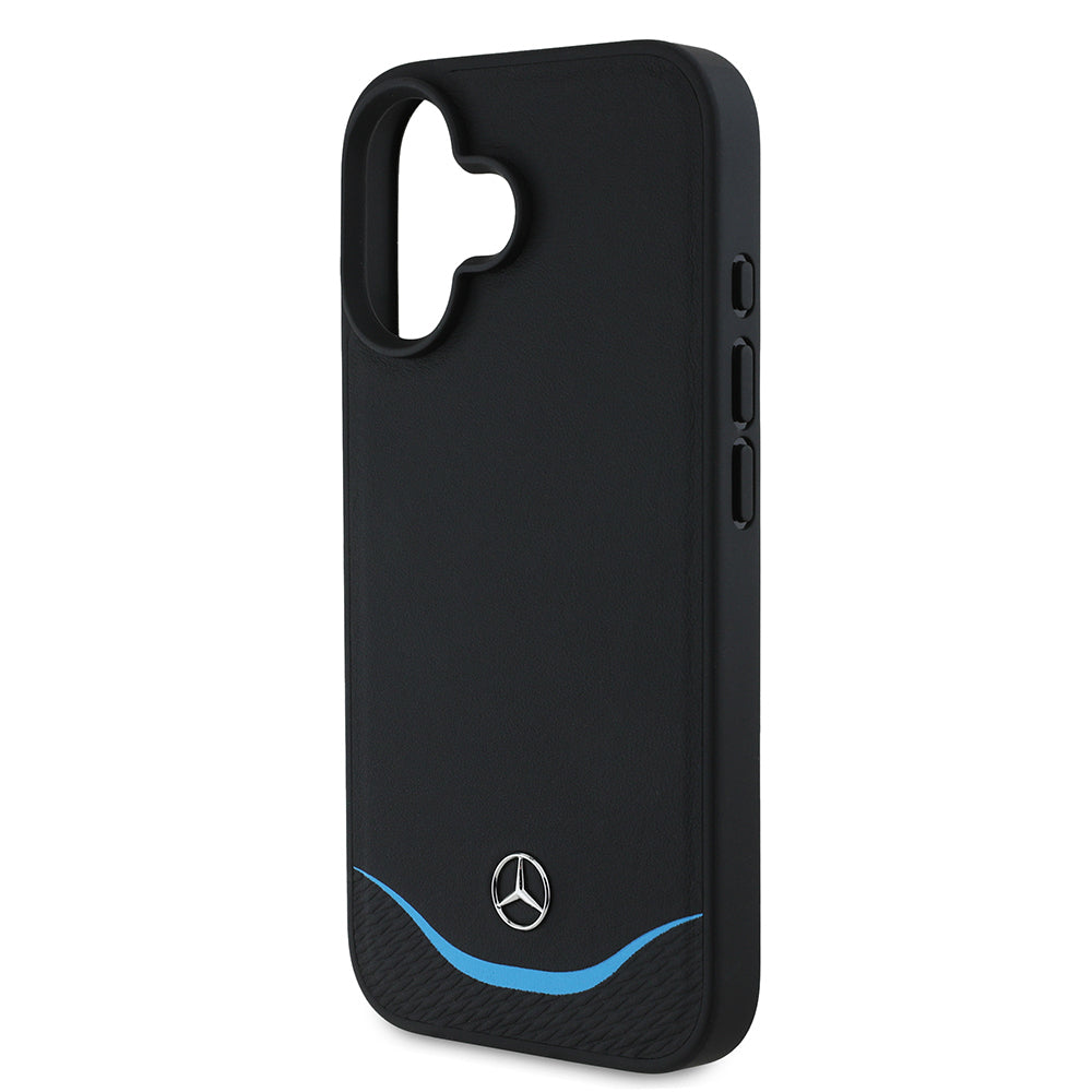 iPhone 16 Kılıf Mercedes Benz Orjinal Lisanslı M-safe Şarj Özellikli 3D Metal Logolu Mavi Yatay Eğri Çizgili Deri Kapak