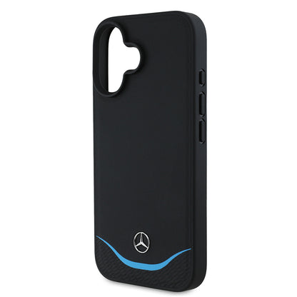 iPhone 16 Kılıf Mercedes Benz Orjinal Lisanslı M-safe Şarj Özellikli 3D Metal Logolu Mavi Yatay Eğri Çizgili Deri Kapak