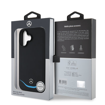 iPhone 16 Kılıf Mercedes Benz Orjinal Lisanslı M-safe Şarj Özellikli 3D Metal Logolu Mavi Yatay Eğri Çizgili Deri Kapak