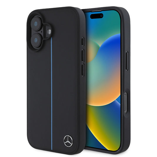 iPhone 16 Kılıf Mercedes Benz Orjinal Lisanslı M-safe Şarj Özellikli Metal Yıldız Logolu Mavi Çizgili Deri Kapak