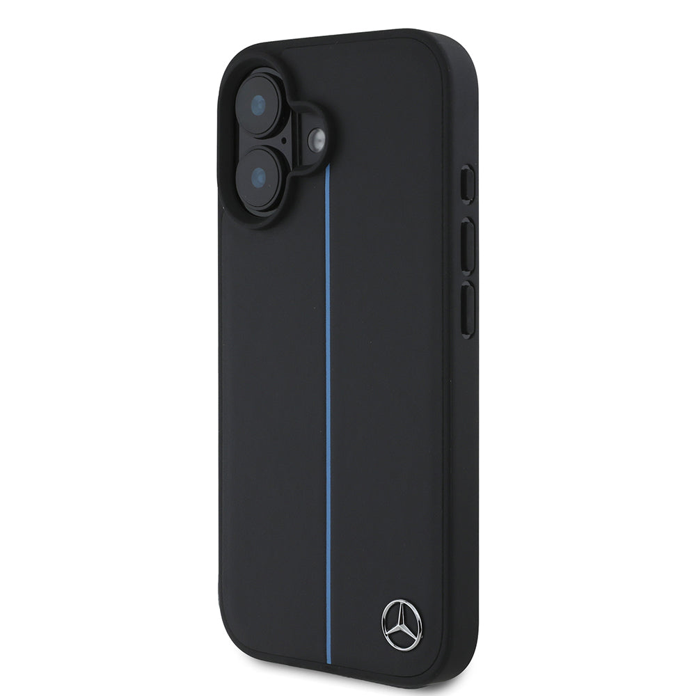 iPhone 16 Kılıf Mercedes Benz Orjinal Lisanslı M-safe Şarj Özellikli Metal Yıldız Logolu Mavi Çizgili Deri Kapak