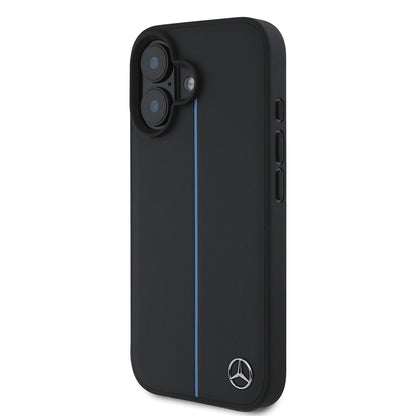 iPhone 16 Kılıf Mercedes Benz Orjinal Lisanslı M-safe Şarj Özellikli Metal Yıldız Logolu Mavi Çizgili Deri Kapak