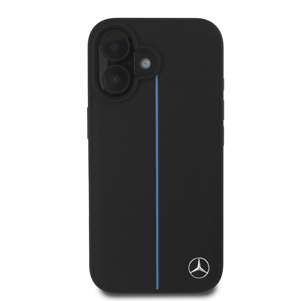 iPhone 16 Kılıf Mercedes Benz Orjinal Lisanslı M-safe Şarj Özellikli Metal Yıldız Logolu Mavi Çizgili Deri Kapak