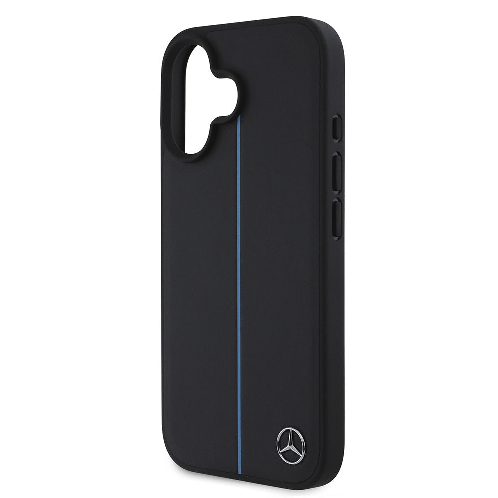 iPhone 16 Kılıf Mercedes Benz Orjinal Lisanslı M-safe Şarj Özellikli Metal Yıldız Logolu Mavi Çizgili Deri Kapak