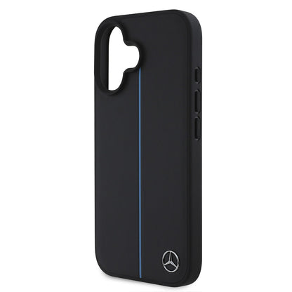 iPhone 16 Kılıf Mercedes Benz Orjinal Lisanslı M-safe Şarj Özellikli Metal Yıldız Logolu Mavi Çizgili Deri Kapak