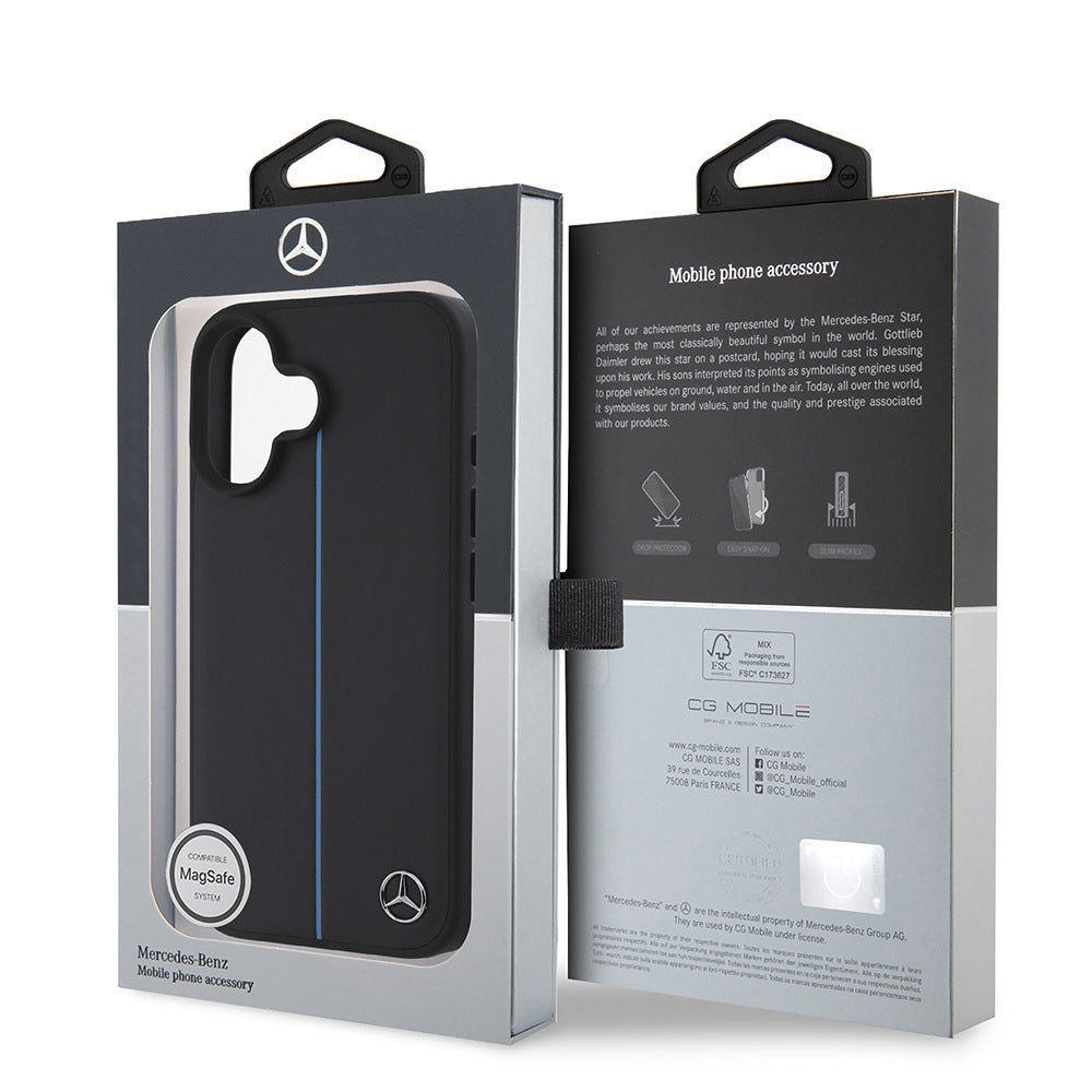 iPhone 16 Kılıf Mercedes Benz Orjinal Lisanslı M-safe Şarj Özellikli Metal Yıldız Logolu Mavi Çizgili Deri Kapak