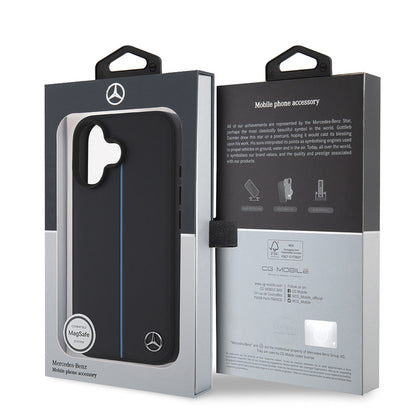 iPhone 16 Kılıf Mercedes Benz Orjinal Lisanslı M-safe Şarj Özellikli Metal Yıldız Logolu Mavi Çizgili Deri Kapak