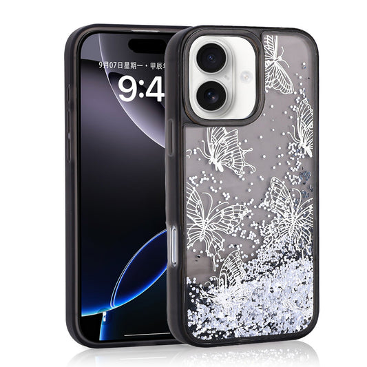 Apple iPhone 16 Kılıf Sıvılı Simli Kelebek Baskılı Şeffaf Arka Yüzey Zore Glis Silikon Kapak
