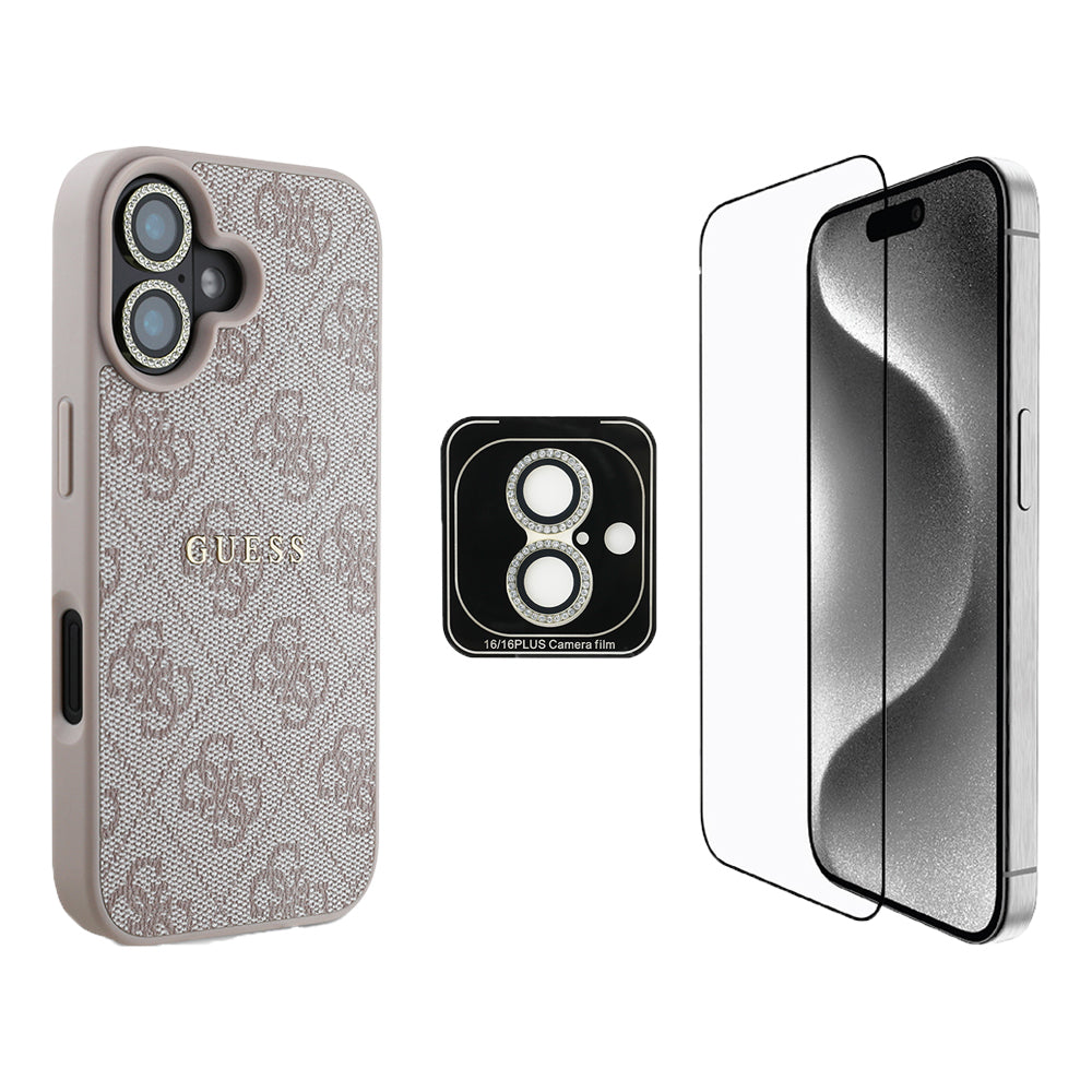 iPhone 16 Plus Guess Orjinal Lisanslı Kılıf + Ekran Koruyucu + Lens Koruyucu 3in1 Aksesuar Seti
