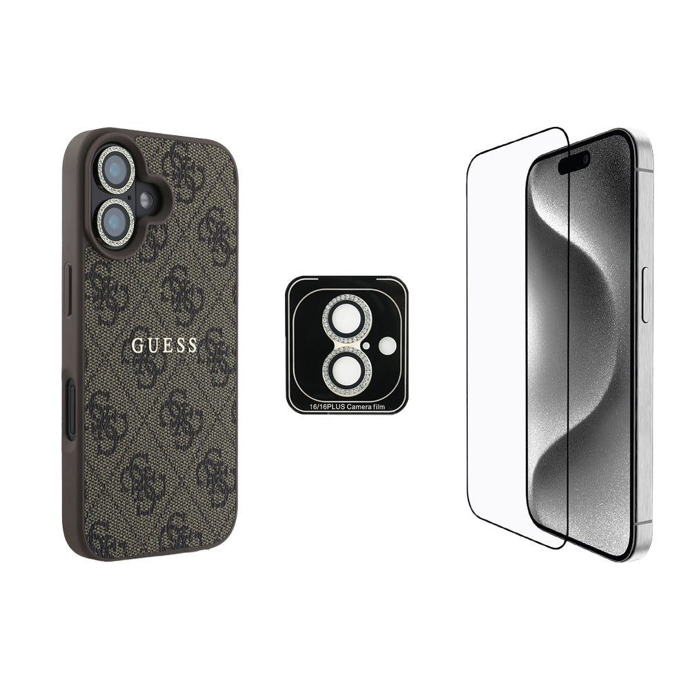 iPhone 16 Plus Guess Orjinal Lisanslı Kılıf + Ekran Koruyucu + Lens Koruyucu 3in1 Aksesuar Seti