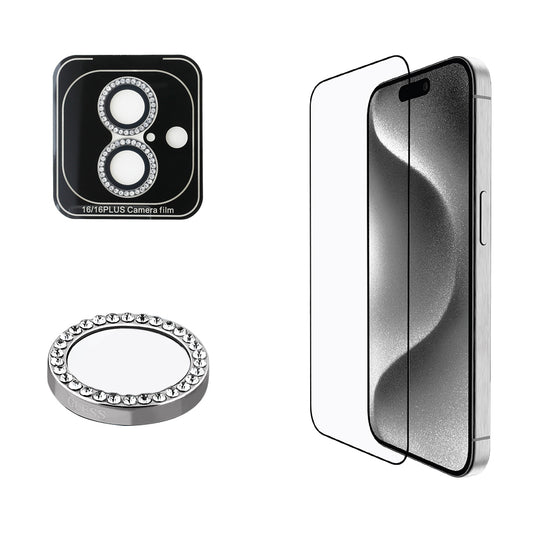 iPhone 16 Plus Guess Orjinal Lisanslı Rhinestone Ekran Koruyucu + Lens Koruyucu 2in1 Aksesuar Seti