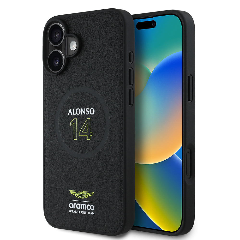 iPhone 16 Plus Kılıf Aston Martin Orjinal Lisanslı M-safe Şarj Özellikli PU Deri Alonso 14 Baskılı Kapak