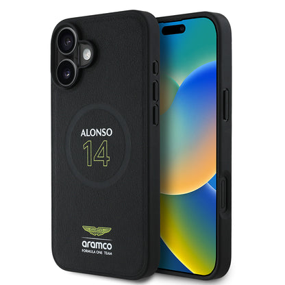 iPhone 16 Plus Kılıf Aston Martin Orjinal Lisanslı M-safe Şarj Özellikli PU Deri Alonso 14 Baskılı Kapak