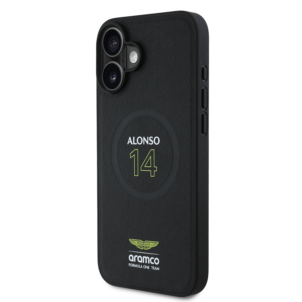 iPhone 16 Plus Kılıf Aston Martin Orjinal Lisanslı M-safe Şarj Özellikli PU Deri Alonso 14 Baskılı Kapak