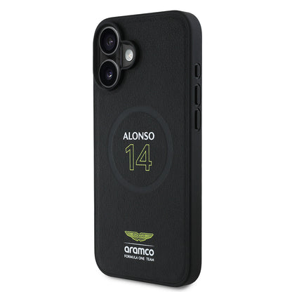 iPhone 16 Plus Kılıf Aston Martin Orjinal Lisanslı M-safe Şarj Özellikli PU Deri Alonso 14 Baskılı Kapak