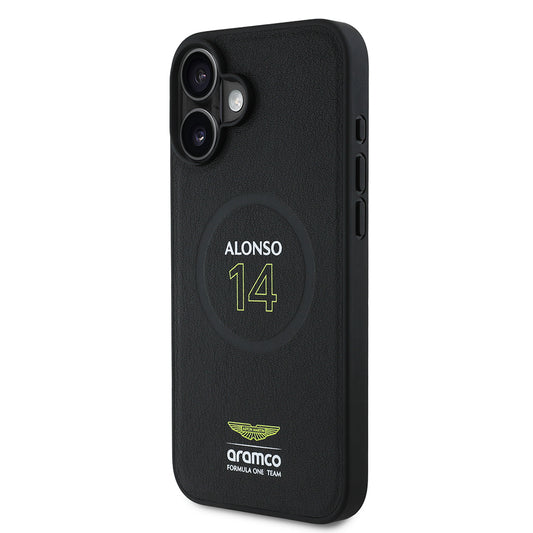 iPhone 16 Plus Kılıf Aston Martin Orjinal Lisanslı M-safe Şarj Özellikli PU Deri Alonso 14 Baskılı Kapak