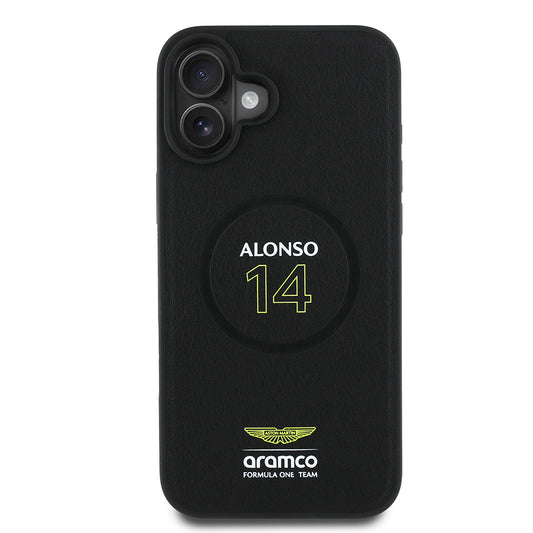 iPhone 16 Plus Kılıf Aston Martin Orjinal Lisanslı M-safe Şarj Özellikli PU Deri Alonso 14 Baskılı Kapak