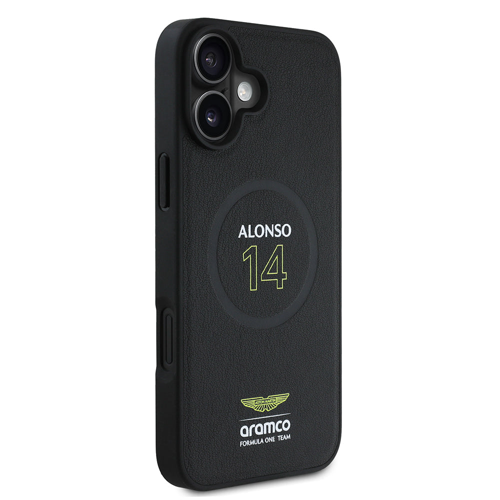 iPhone 16 Plus Kılıf Aston Martin Orjinal Lisanslı M-safe Şarj Özellikli PU Deri Alonso 14 Baskılı Kapak