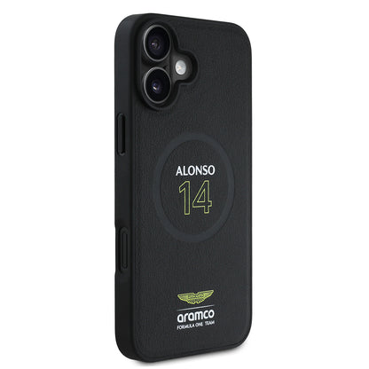 iPhone 16 Plus Kılıf Aston Martin Orjinal Lisanslı M-safe Şarj Özellikli PU Deri Alonso 14 Baskılı Kapak