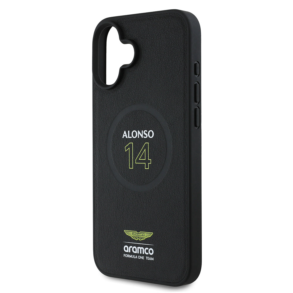 iPhone 16 Plus Kılıf Aston Martin Orjinal Lisanslı M-safe Şarj Özellikli PU Deri Alonso 14 Baskılı Kapak