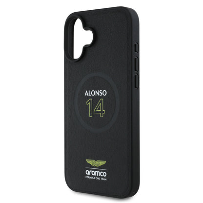 iPhone 16 Plus Kılıf Aston Martin Orjinal Lisanslı M-safe Şarj Özellikli PU Deri Alonso 14 Baskılı Kapak