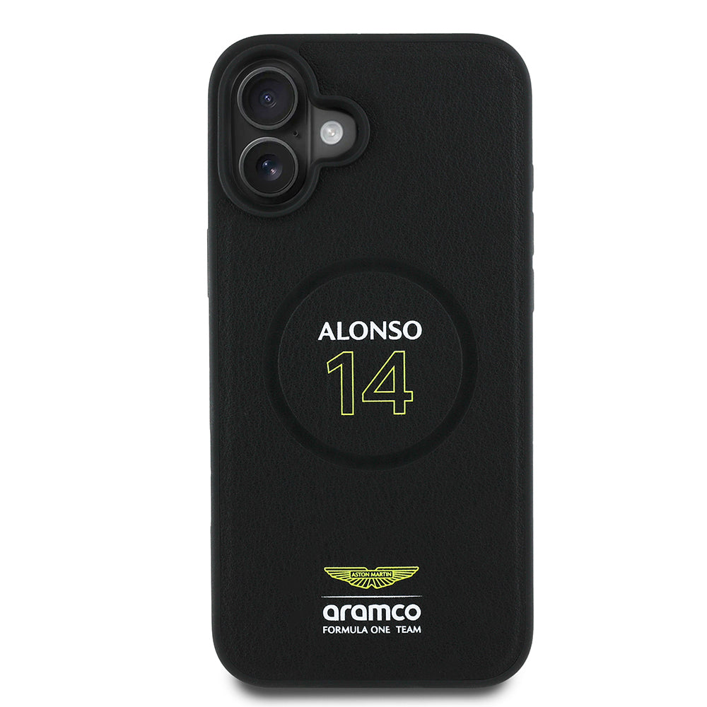 iPhone 16 Plus Kılıf Aston Martin Orjinal Lisanslı M-safe Şarj Özellikli PU Deri Alonso 14 Baskılı Kapak