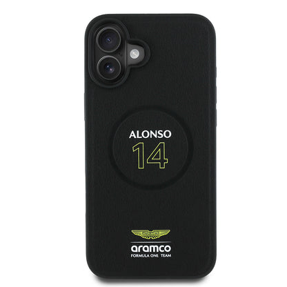 iPhone 16 Plus Kılıf Aston Martin Orjinal Lisanslı M-safe Şarj Özellikli PU Deri Alonso 14 Baskılı Kapak