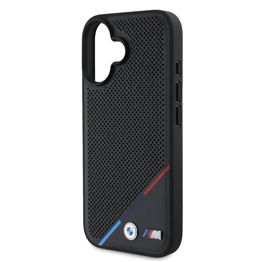 iPhone 16 Plus Kılıf BMW Orjinal Lisanslı M-safe Şarj Özellikli M Logolu Üç Çizgili Delikli Deri Kapak
