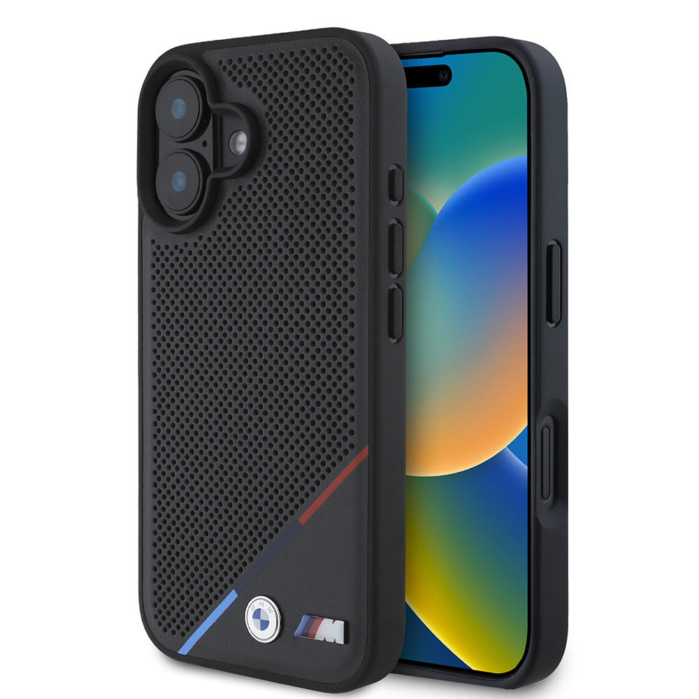 iPhone 16 Plus Kılıf BMW Orjinal Lisanslı M-safe Şarj Özellikli M Logolu Üç Çizgili Delikli Deri Kapak