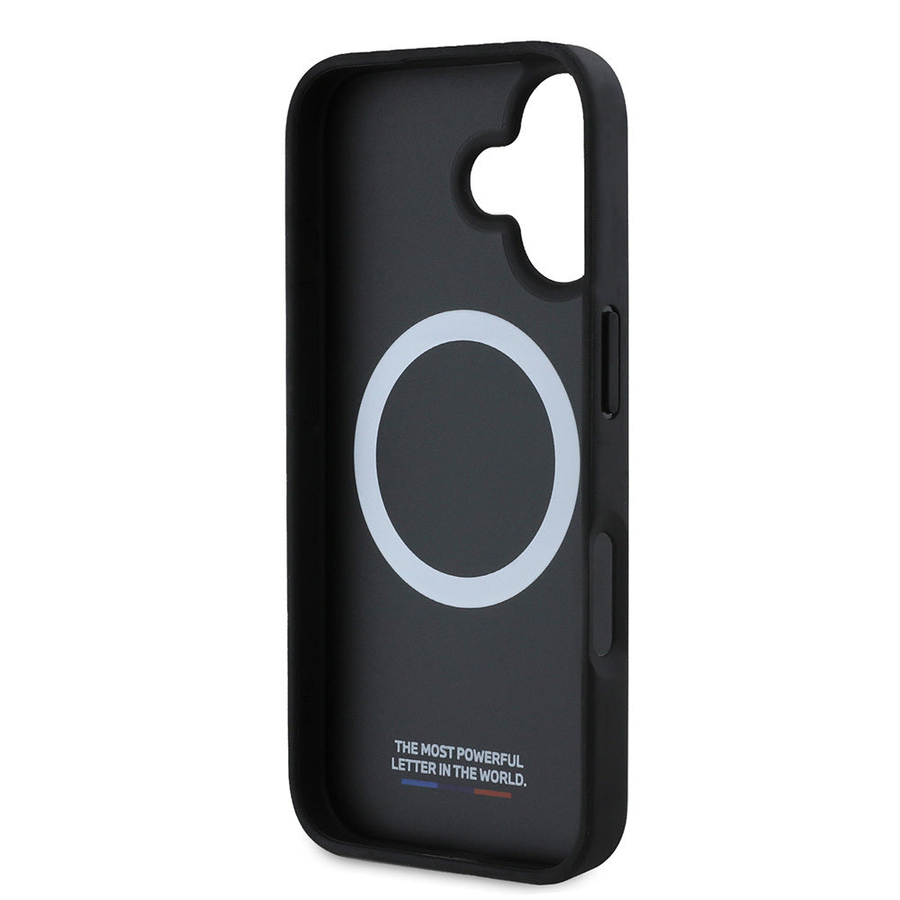 iPhone 16 Plus Kılıf BMW Orjinal Lisanslı M-safe Şarj Özellikli M Logolu Üç Çizgili Delikli Deri Kapak