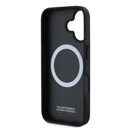 iPhone 16 Plus Kılıf BMW Orjinal Lisanslı M-safe Şarj Özellikli M Logolu Üç Çizgili Delikli Deri Kapak