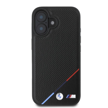 iPhone 16 Plus Kılıf BMW Orjinal Lisanslı M-safe Şarj Özellikli M Logolu Üç Çizgili Delikli Deri Kapak