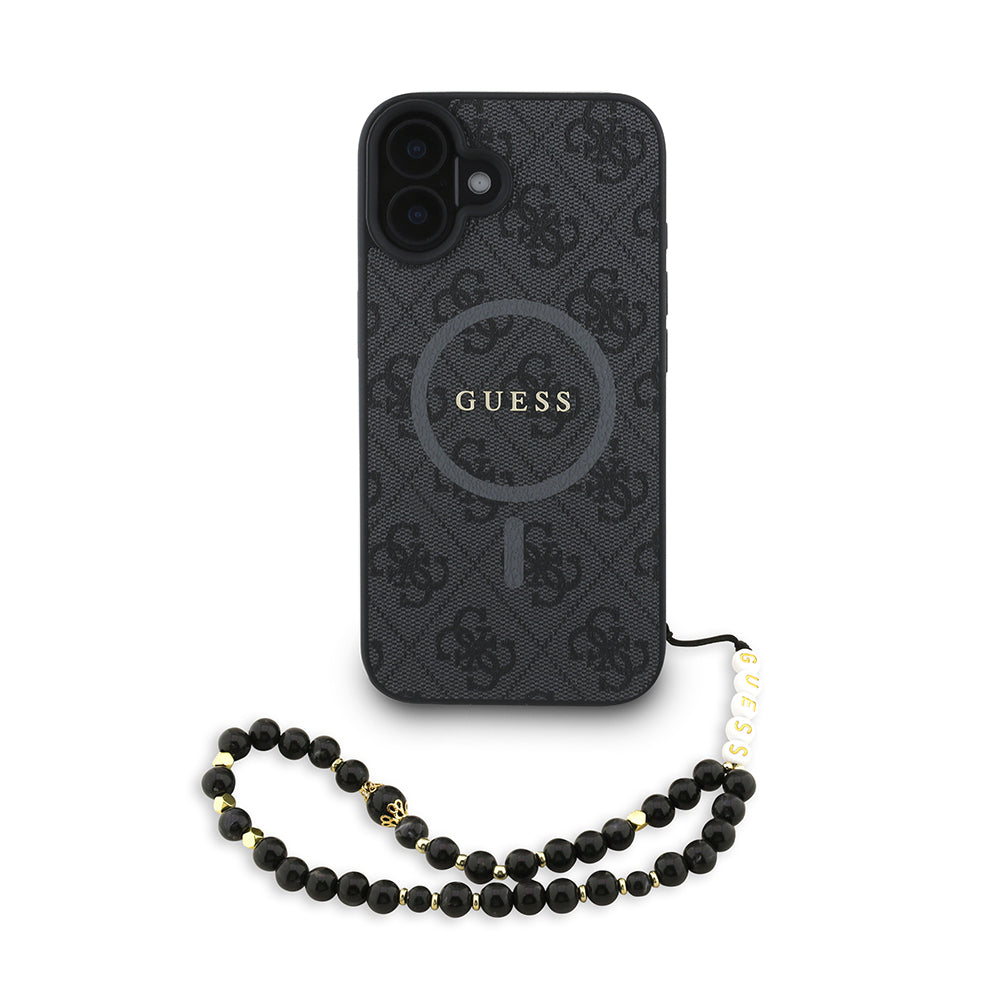 iPhone 16 Plus Kılıf Guess Orjinal Lisanslı M-safe Şarj Özellikli PU Deri Bilek Askı İpli Yazı Logolu Kapak